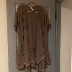 Brown Bohemian Kimono Cardigan Sequin Free People S Frayed Short Sleeve Festival
